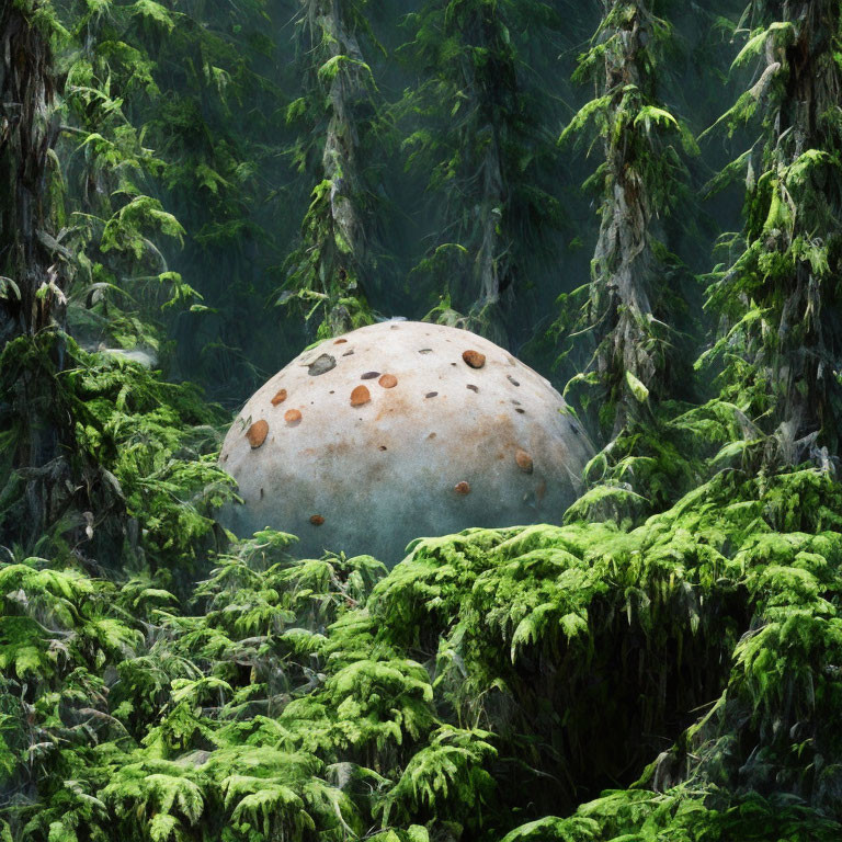 Enchanting forest scene with giant mushroom-shaped rock and mossy trees