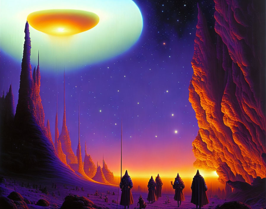 Colorful sci-fi landscape with cloaked figures and UFO-like object in alien setting
