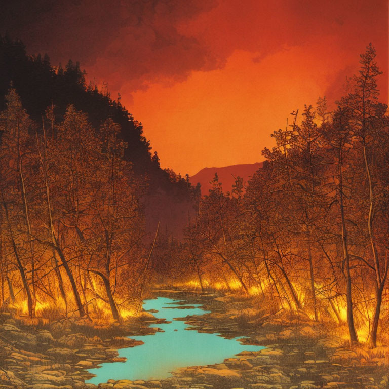 Tranquil forest scene at dusk with glowing river