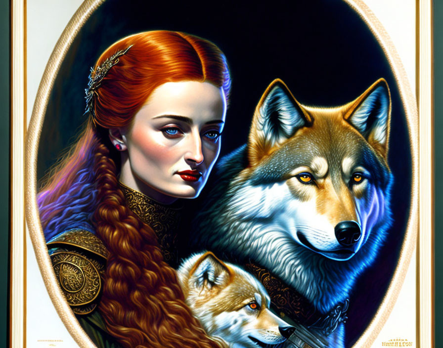 Red-haired woman with crown and direwolf in fantasy portrait