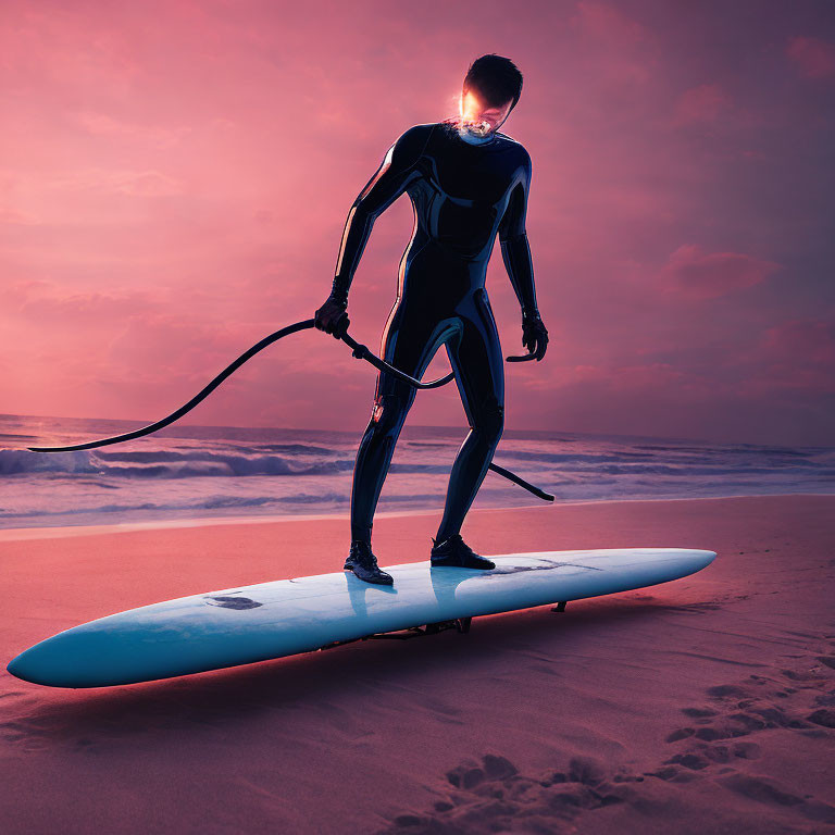 Person in black wetsuit on surfboard at beach under purple and orange sunset sky