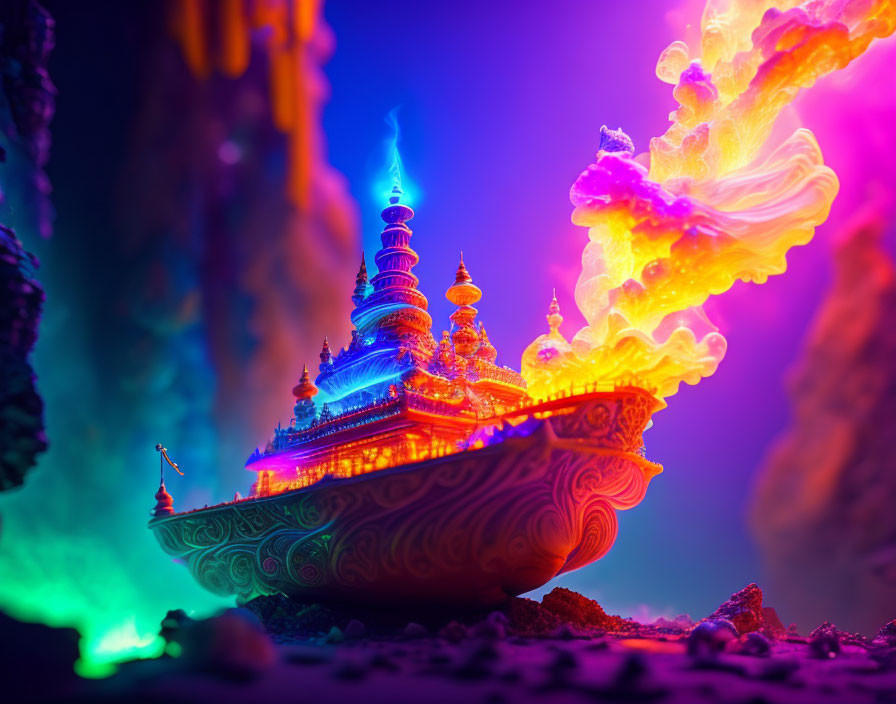Vibrant, fantastical ship among colorful rock formations under mystical glow