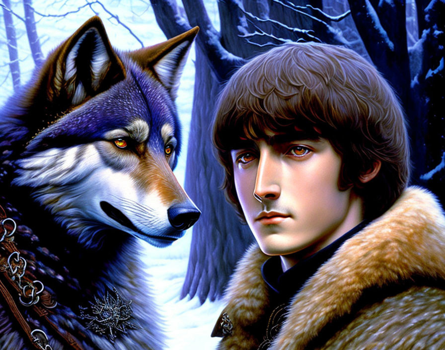 Digital Artwork: Young Man with Wolf in Snowy Forest