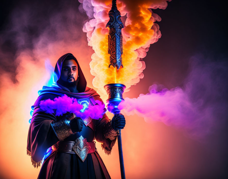 Medieval-inspired costume person holding flaming sword in vibrant smoke-filled background