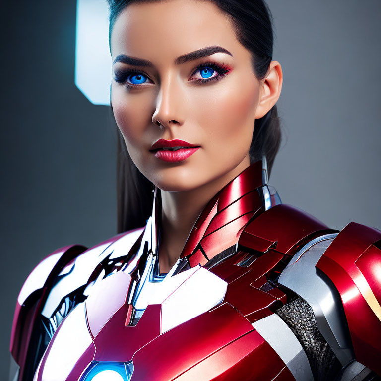 Woman in futuristic red and silver armor with striking blue eyes on cool-toned backdrop