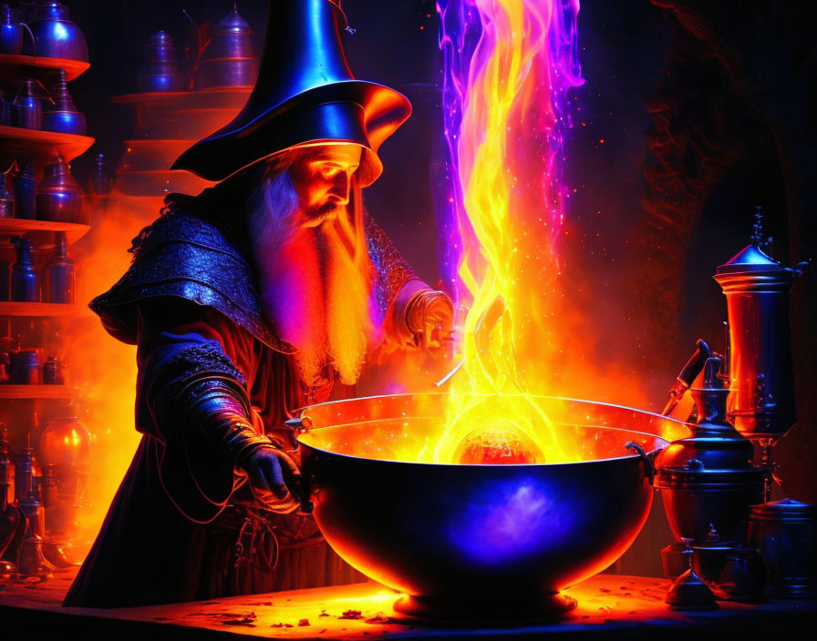 Wizard with long beard conjures vibrant flame over mystical cauldron in enchanted room.