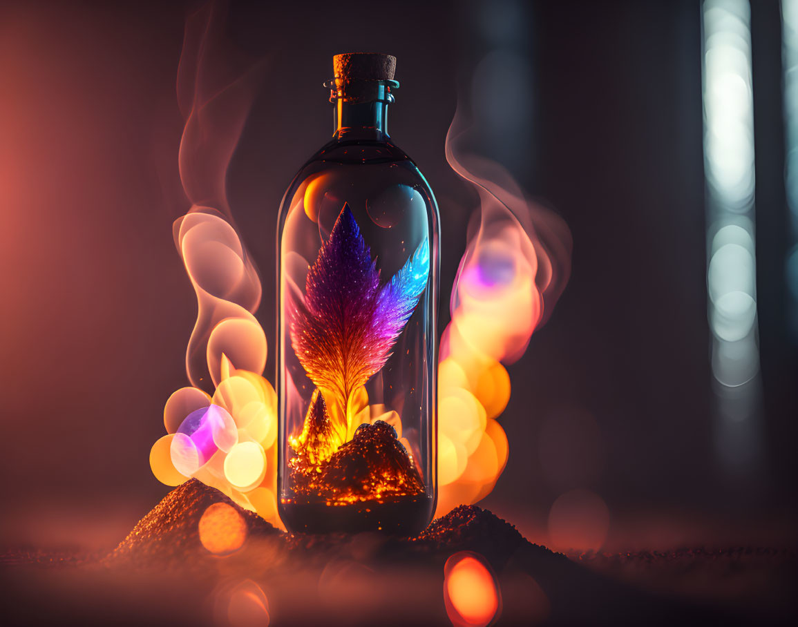 Glass bottle with colorful leaf, flames, and smoke on reflective surface