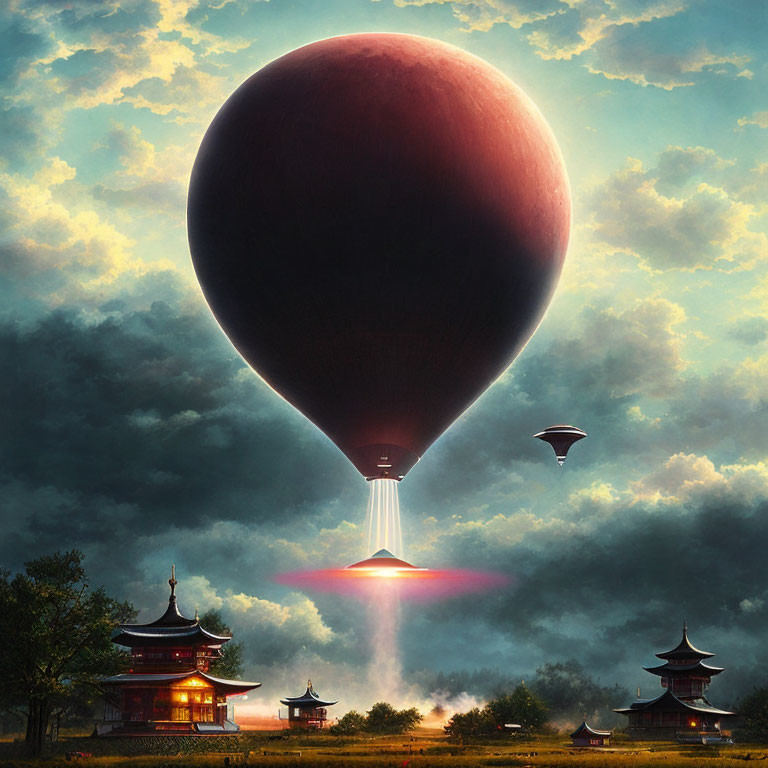 Maroon hot air balloon over Asian-style buildings in serene scene