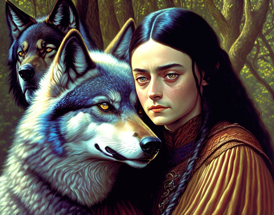 Detailed Illustration: Somber Woman with Realistic Wolves in Forest Setting
