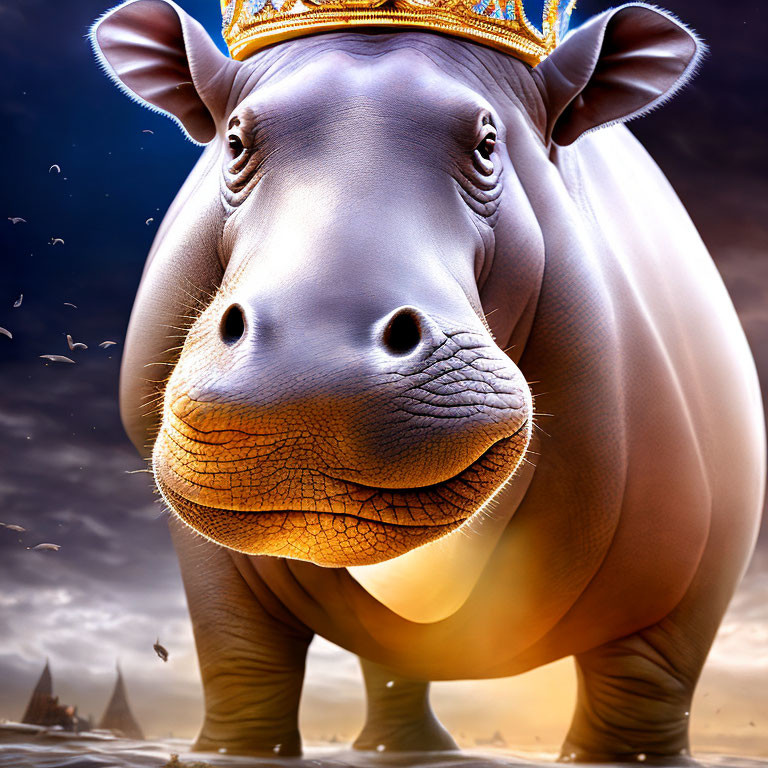 Majestic hippopotamus with golden crown under dramatic sky