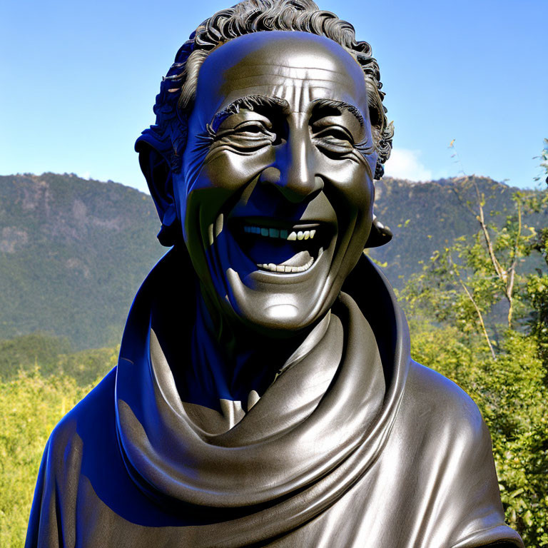 Smiling man bronze statue with textured hair and cloth, against blue skies and greenery