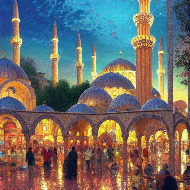 Colorful painting of outdoor market at dusk with archways, domes, and glowing light.