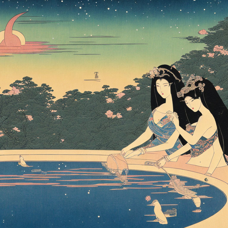 Traditional Japanese women by pond with koi fish under starry sky and crescent moon with cherry bloss