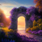 Fantasy landscape with stone archway and purple foliage at sunset