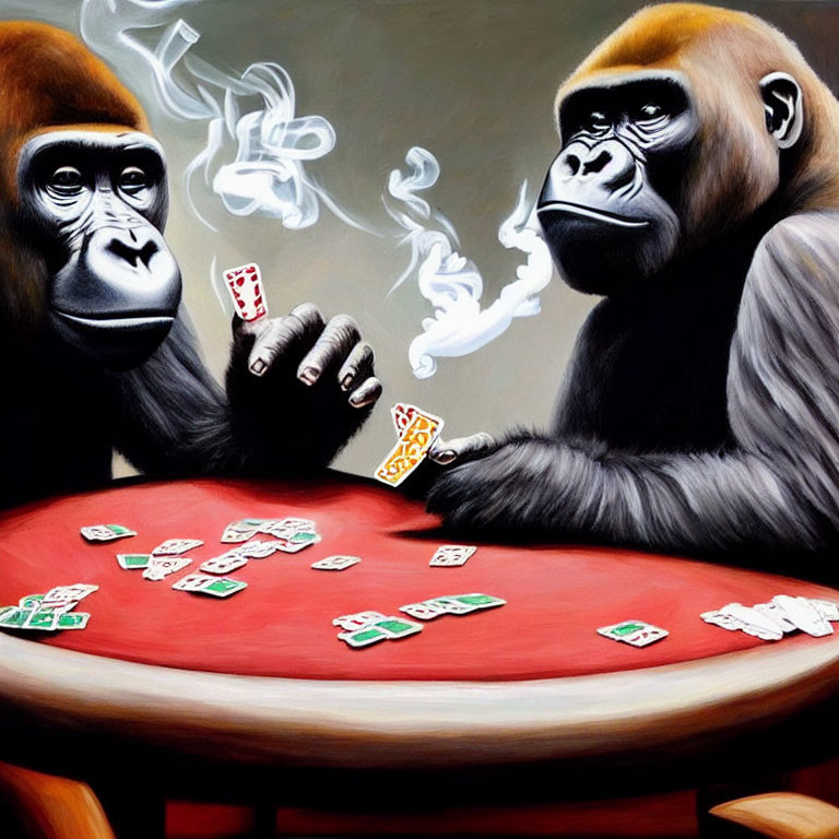 Gorillas playing cards at table with cigar smoke