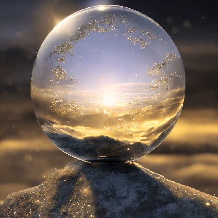 Serene sunset reflected in crystal ball amidst snowy landscape