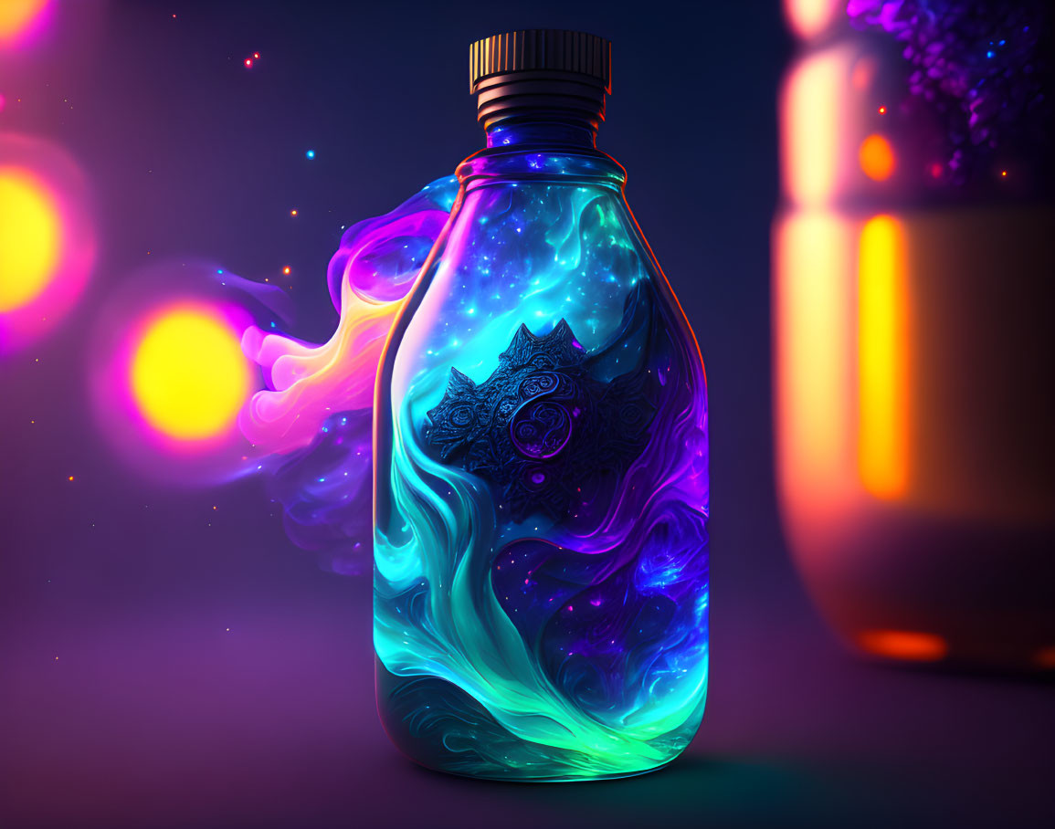 Colorful Mystic Potion Bottle with Neon Vapors on Moody Bokeh Background