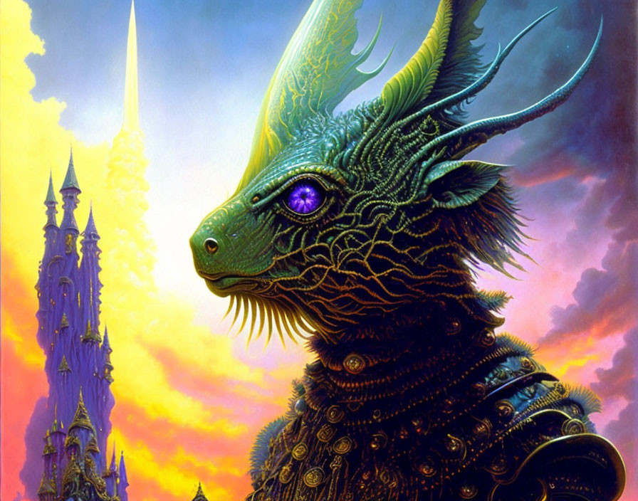Green dragon with purple eyes in front of glowing castle at sunset