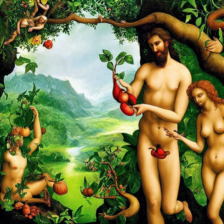 Adam and Eve painting with serpent in lush garden landscape
