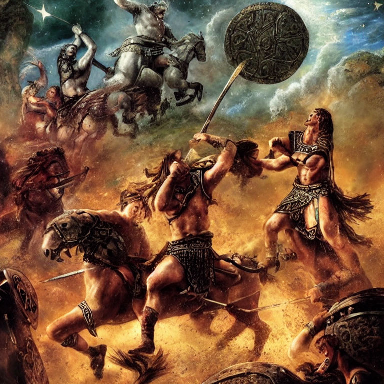 Ancient warriors battle under starry sky