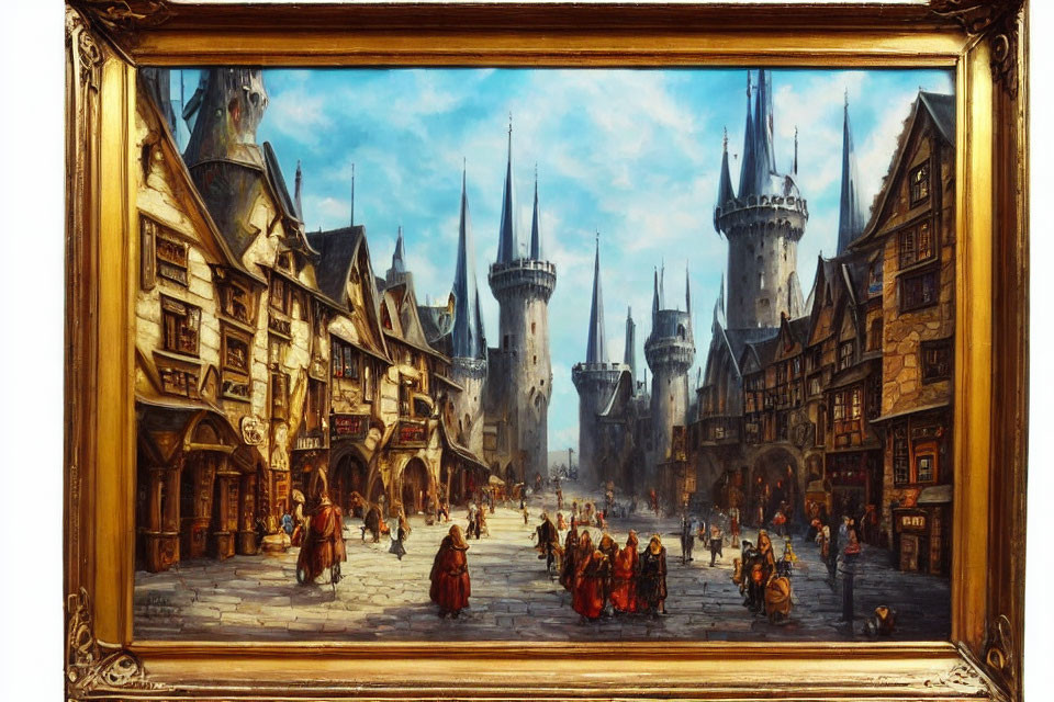 Medieval town scene painting with stone towers in gold frame