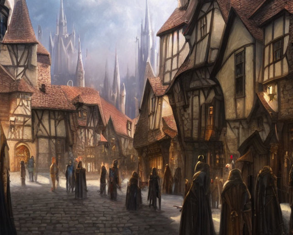 Medieval street scene with historic houses and cathedral in foggy backdrop.