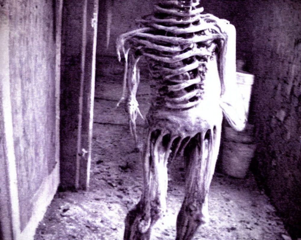 Spooky skeletal figure in dim, shadowy room