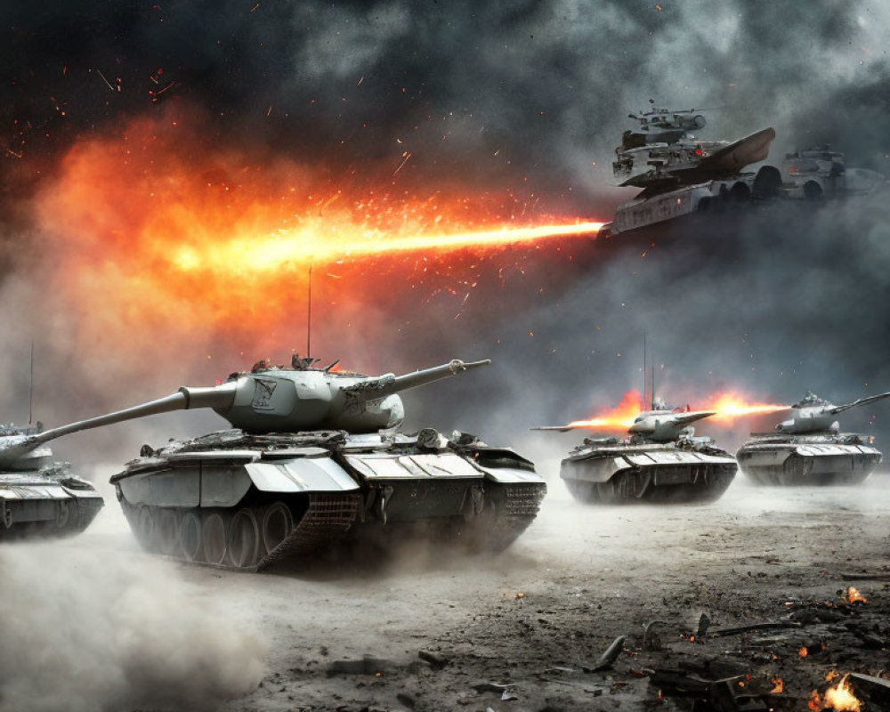 Futuristic tanks in stormy battlefield with explosions