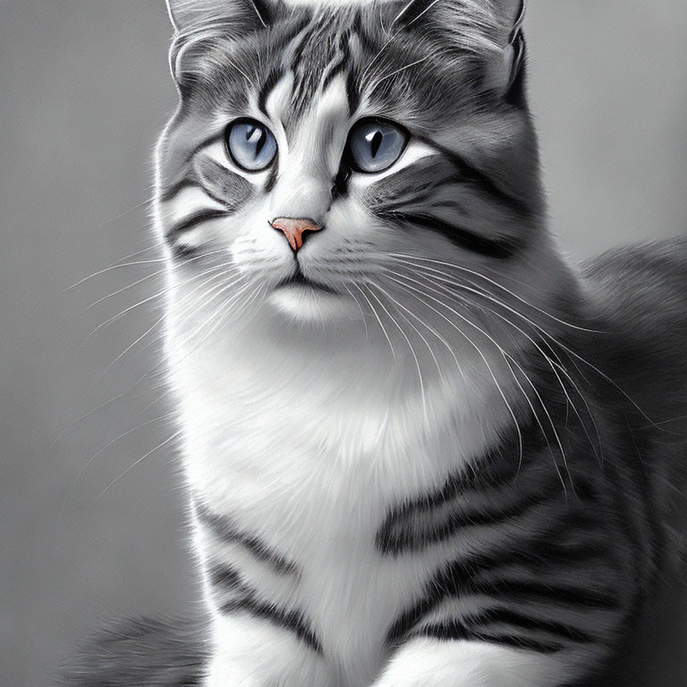 Grayscale cat image with blue eyes and tabby markings