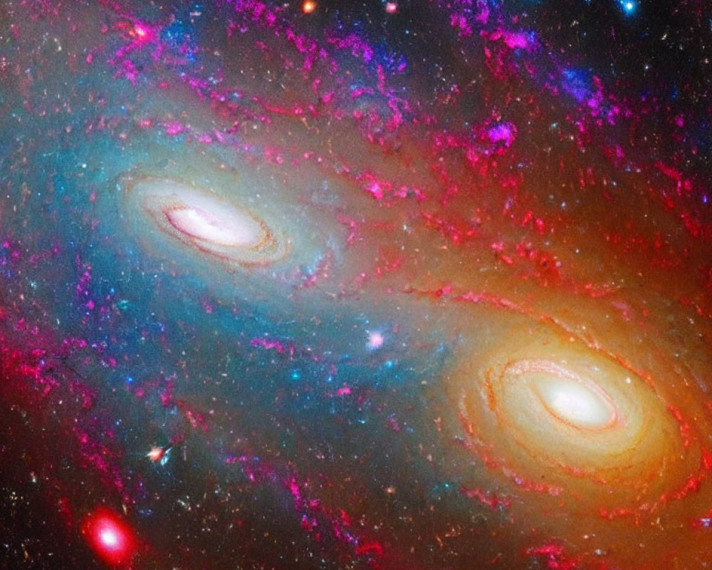 Vibrant blue and pink spiral galaxies in space.