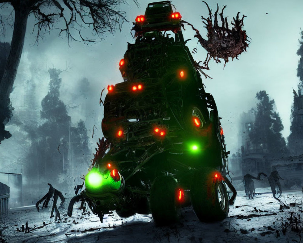 Menacing post-apocalyptic scene with armored vehicle, zombies, and snowy forest