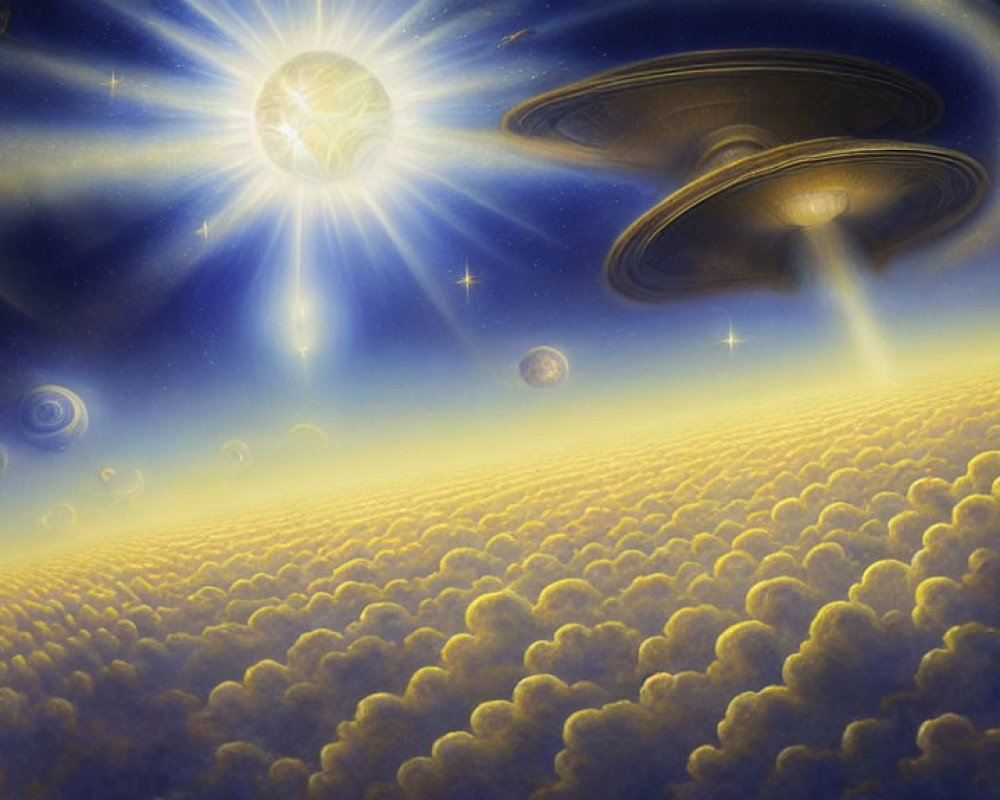 Celestial scene with spaceships above radiant star and planets
