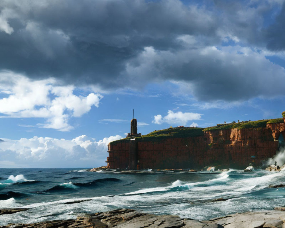 Lighthouse on Red Cliff Overlooking Turbulent Sea