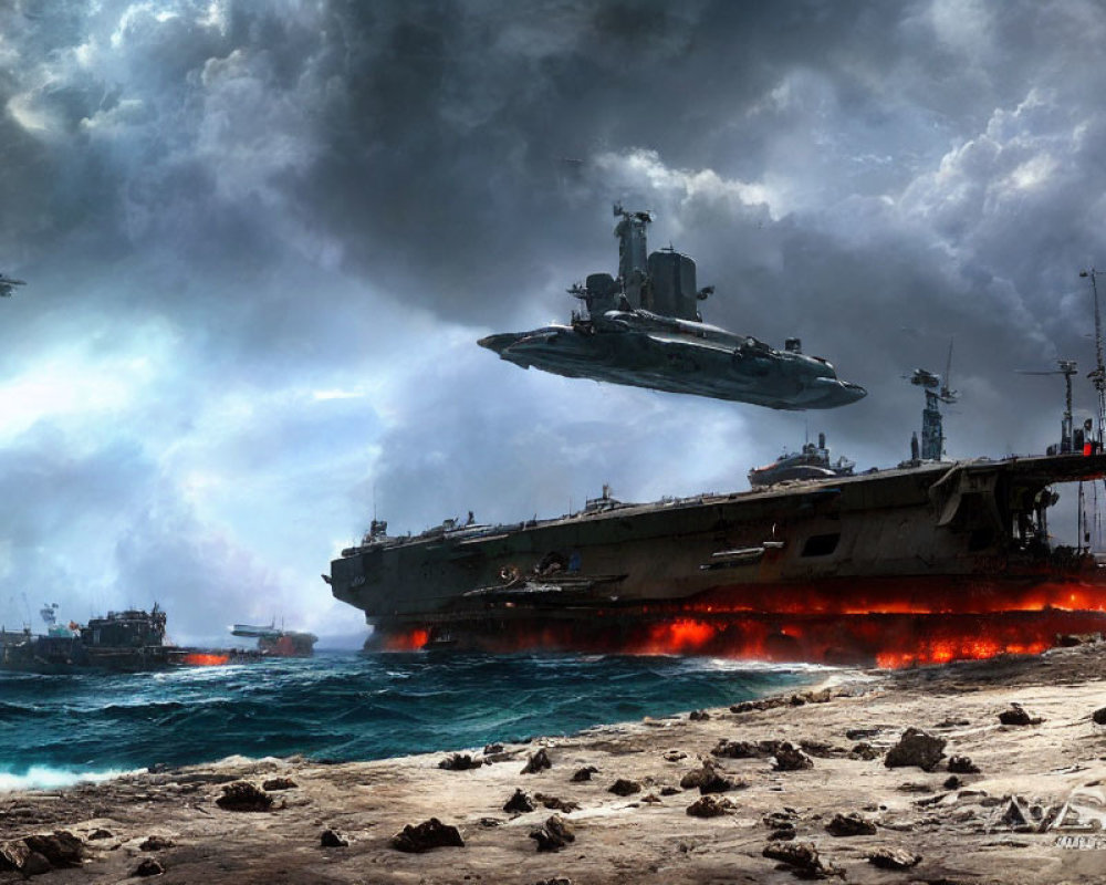 Futuristic naval battle scene with ships, aircraft, stormy sky, and red glowing sea