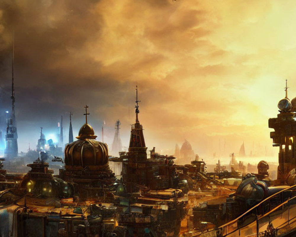 Futuristic cityscape with towering spires and orange sky