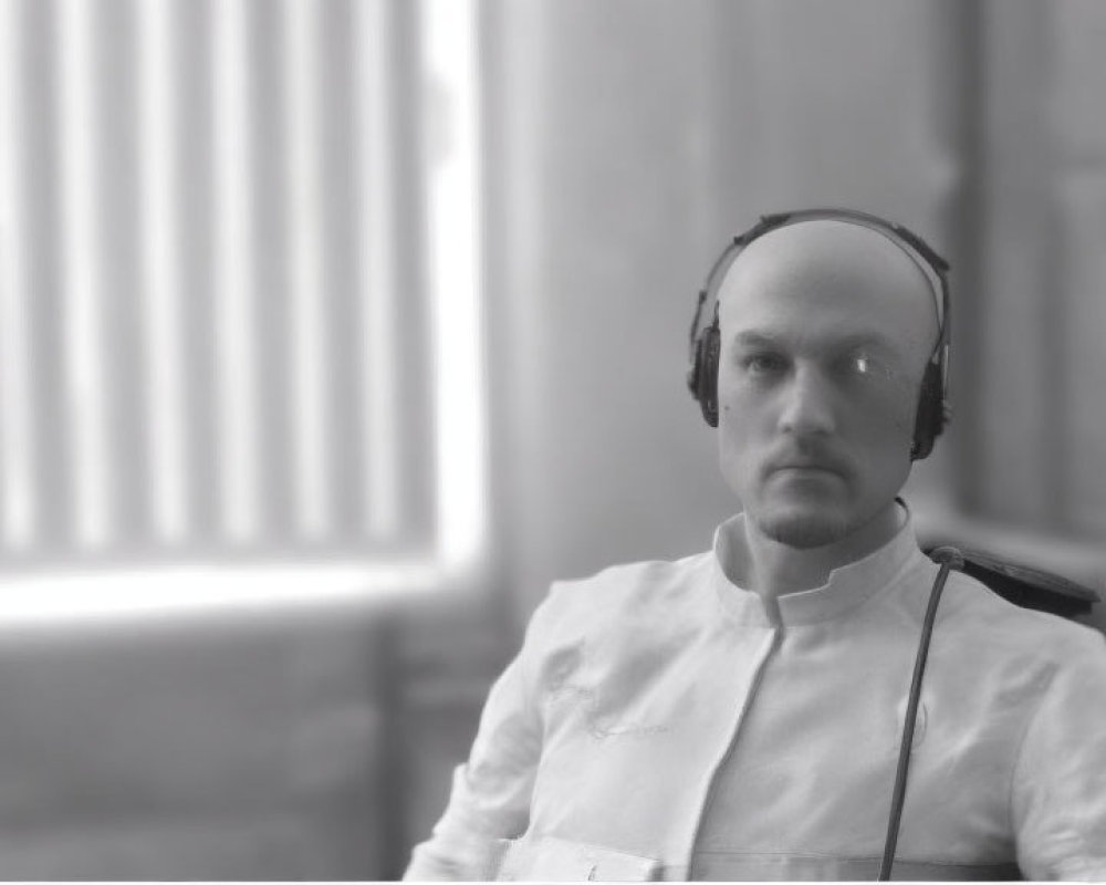 Man in headphones with focused expression near window in monochromatic filter