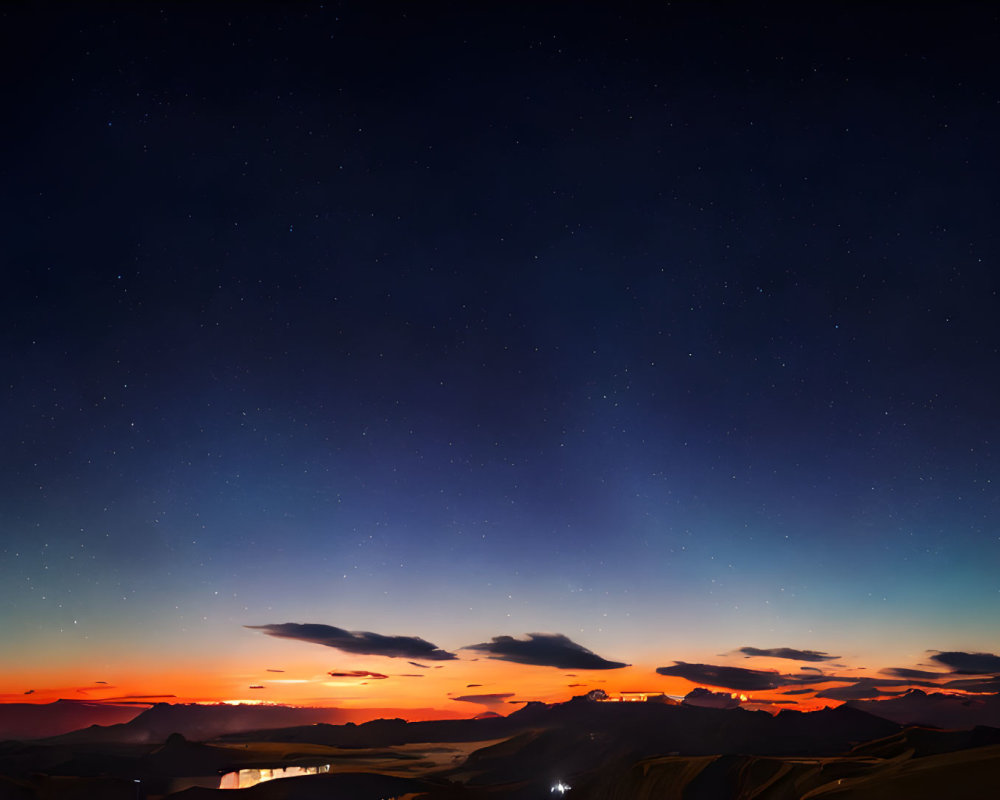 Starry Night Sky over Mountainous Horizon at Sunset