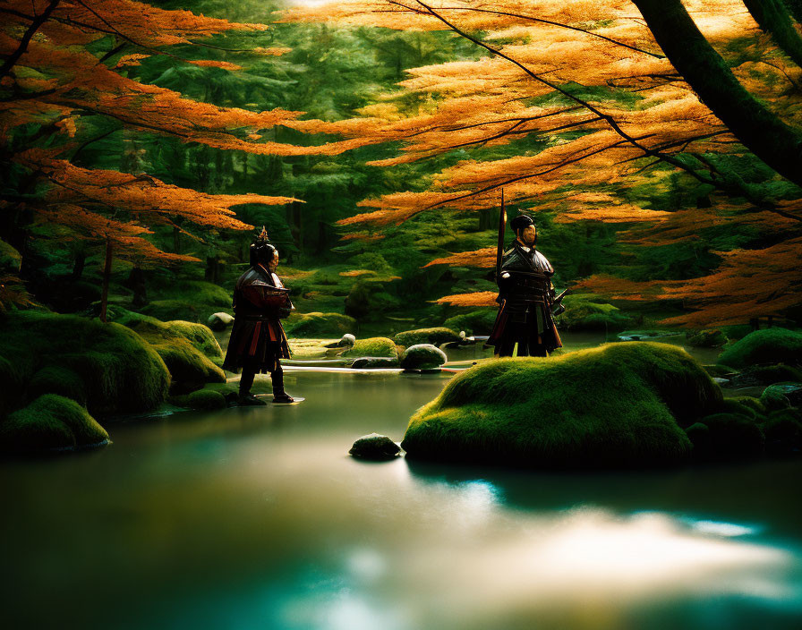 Samurai warriors under autumn leaves by forest stream