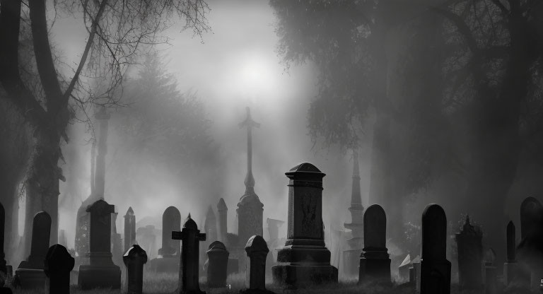 Foggy cemetery scene with tombstones and crosses in mist