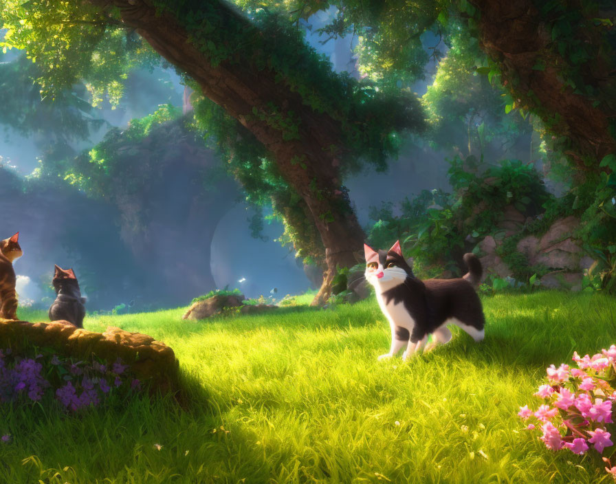 Three Cats in Vibrant Sunlit Forest with Pink Flowers