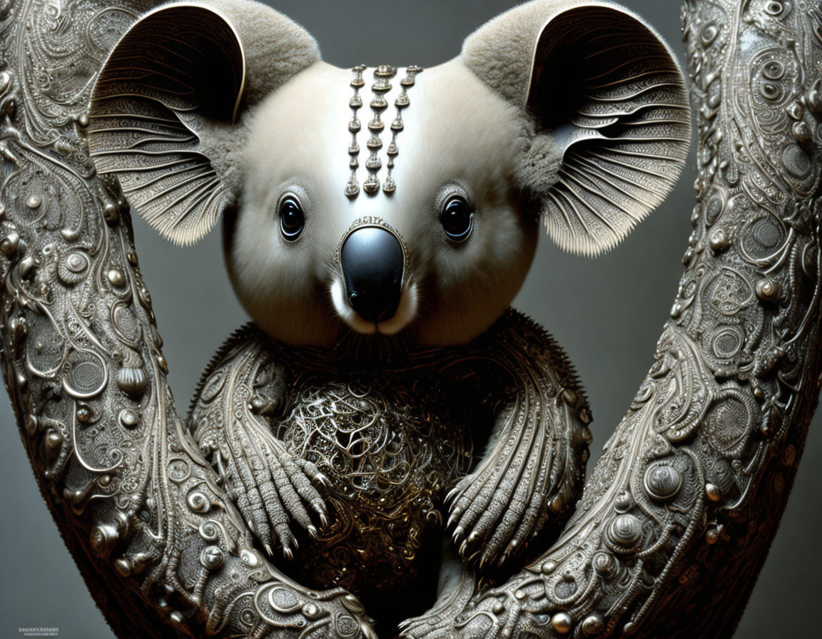 Digital Artwork: Koala with Metallic Embellishments & Intricate Patterns