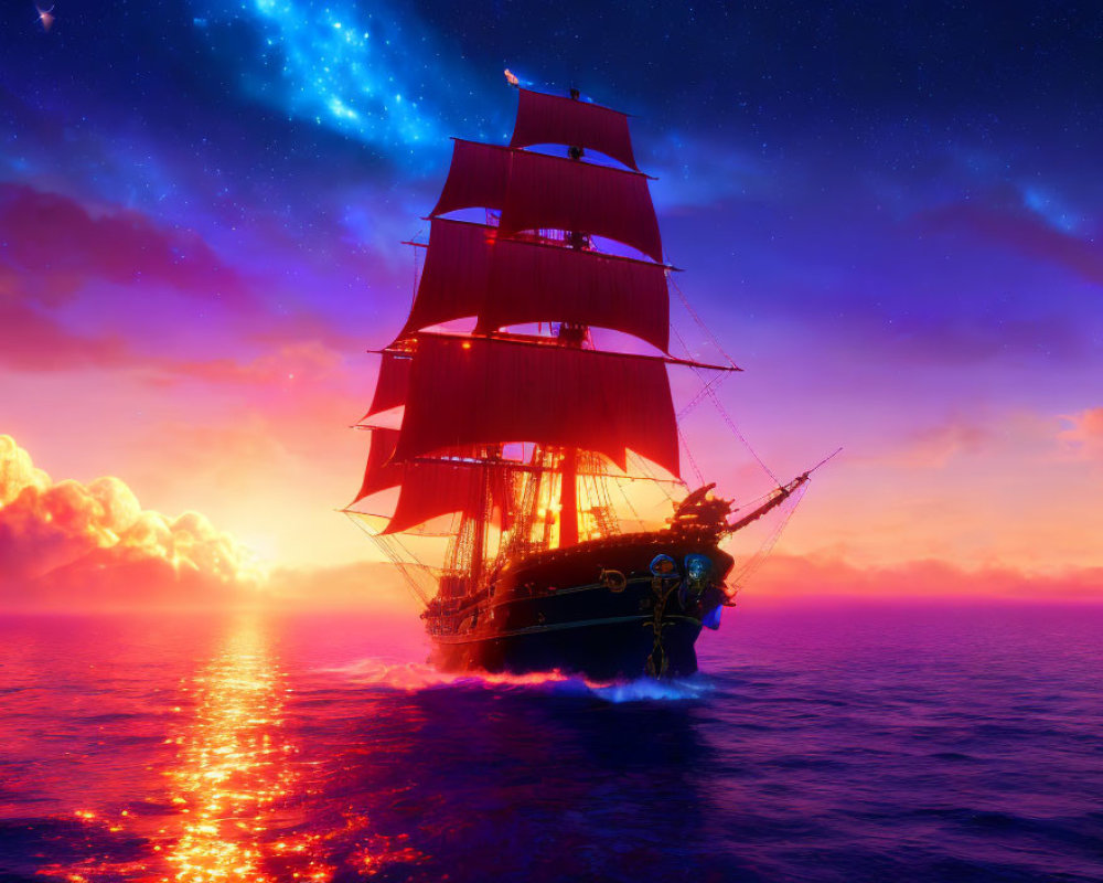 Majestic sailing ship with red sails on luminous sea at sunset
