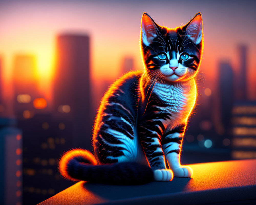 Black and White Striped Kitten with Blue Eyes on Building Ledge at Sunset