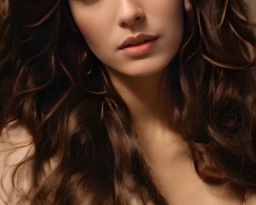Portrait of woman with long wavy brown hair and peach top against warm background