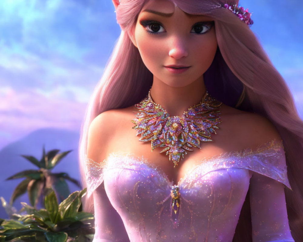 3D animated female character with long pink hair and floral headpiece