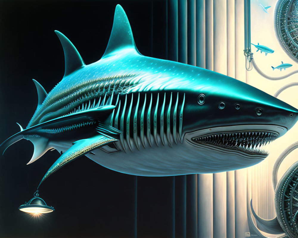 Detailed Digital Art: Mechanical Shark in Futuristic Underwater Setting