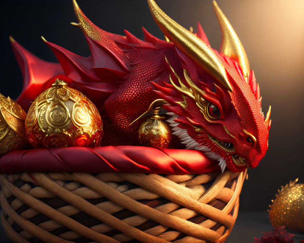 Red Dragon in Wicker Basket with Golden Ornaments on Dark Background