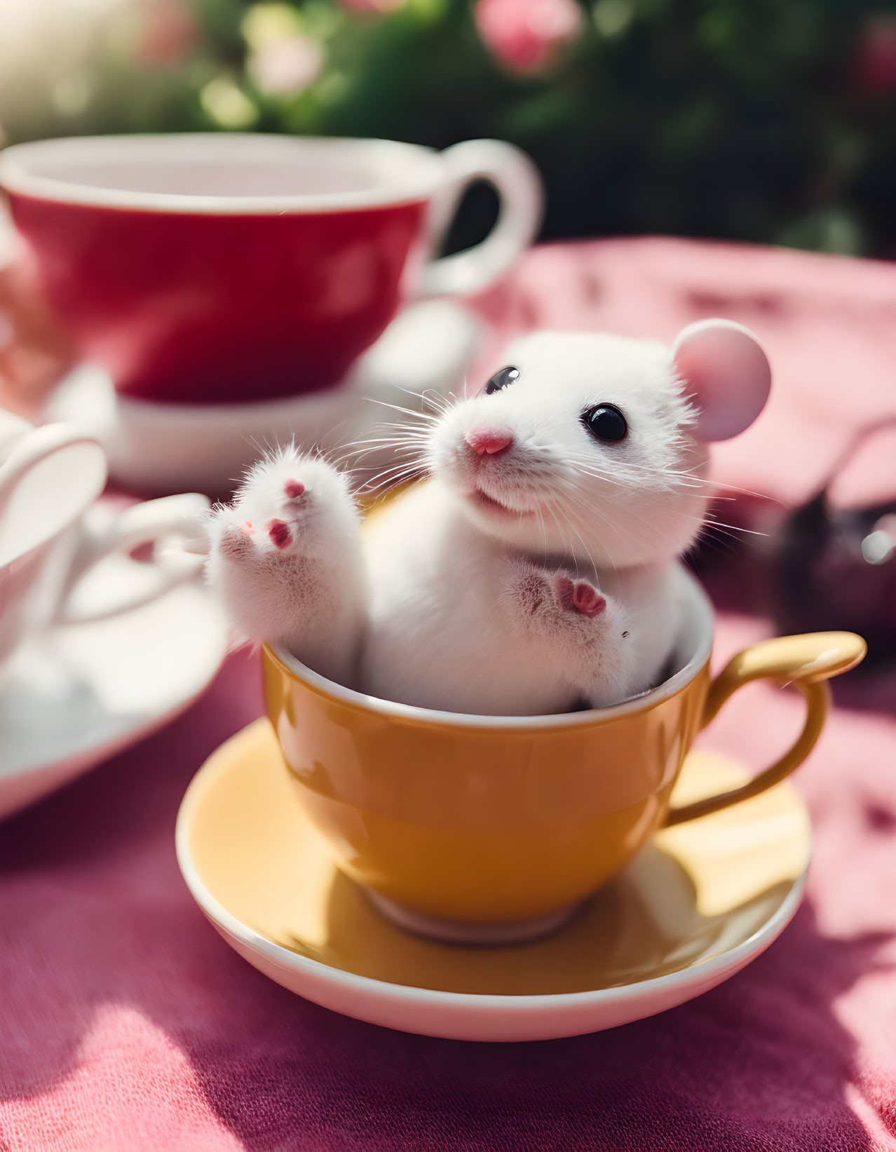 White Mouse Sitting in Yellow Teacup with Pink Backdrop