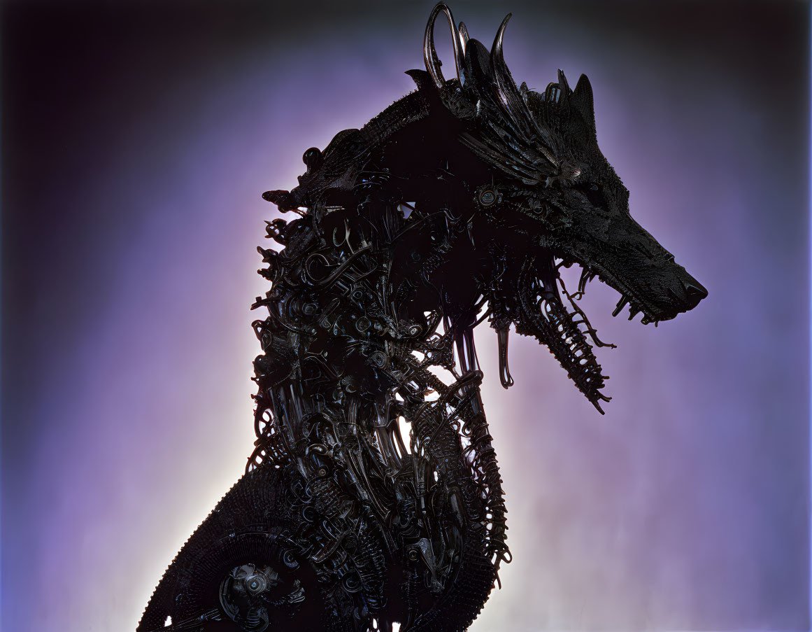 Metallic dragon sculpture silhouette on purple and blue gradient background