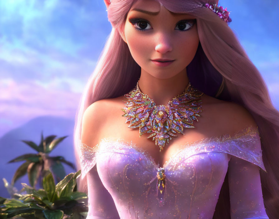 3D animated female character with long pink hair and floral headpiece
